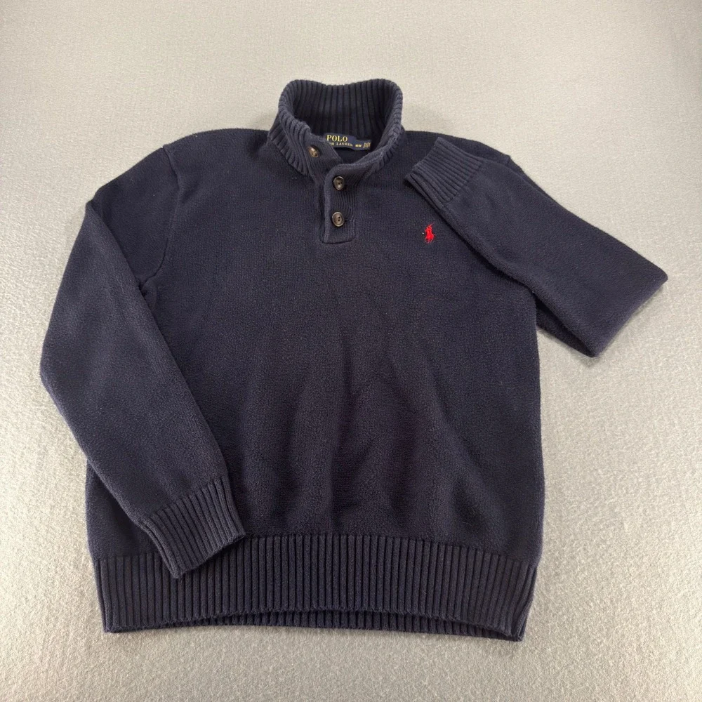 Polo Ralph Lauren Mens Navy Blue Mock Neck Button Cotton Sweater Size M